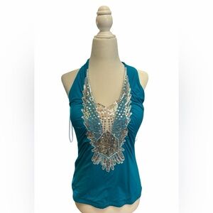 Cache Turquoise Sequin Halter Camisole